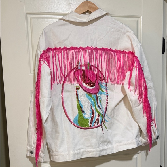 Fantastic Fawn Jackets & Blazers - Fantastic Fawn White Jean Jacket with Hot Pink Fringe sequins horse embroidery